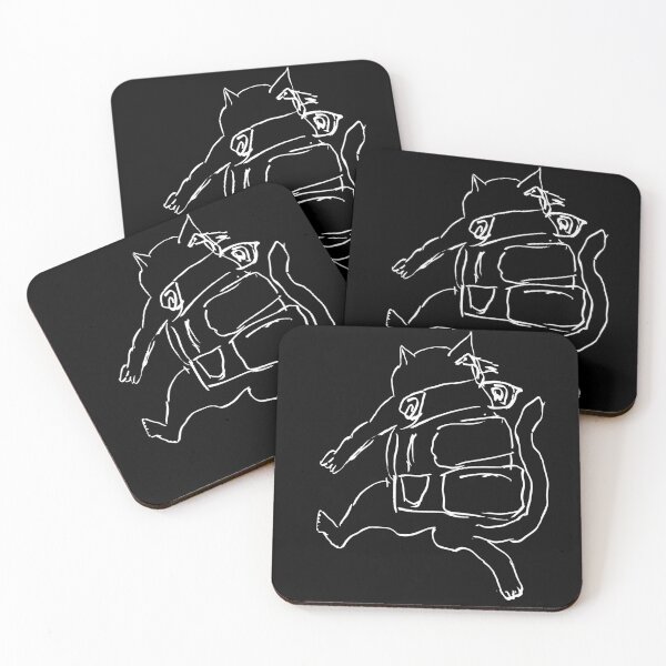 Item preview, Wandering Cat with his backpack running towards new adventures (white on black) designed and sold by Dina Akselrod.