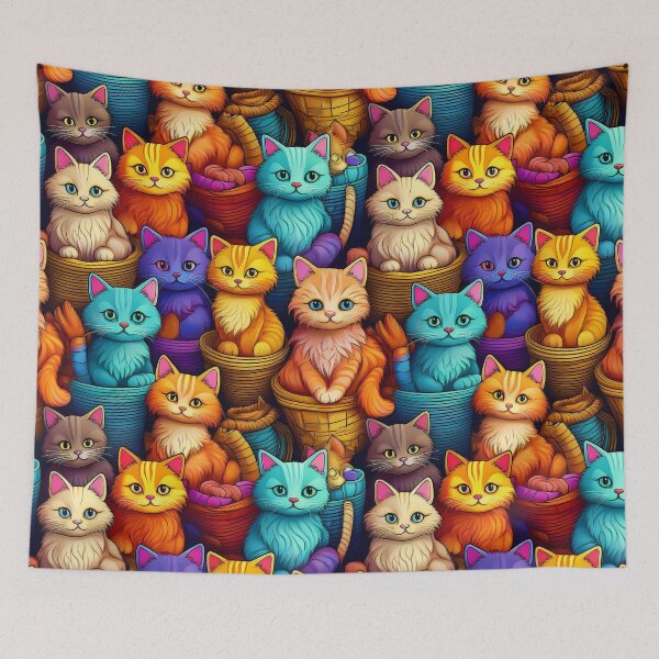 Item preview, Catty Capers: A mischievous pattern with cartoon cats of all shapes and sizes, snuggled together in colorful baskets. designed and sold by Grang Art Artistic Designs.