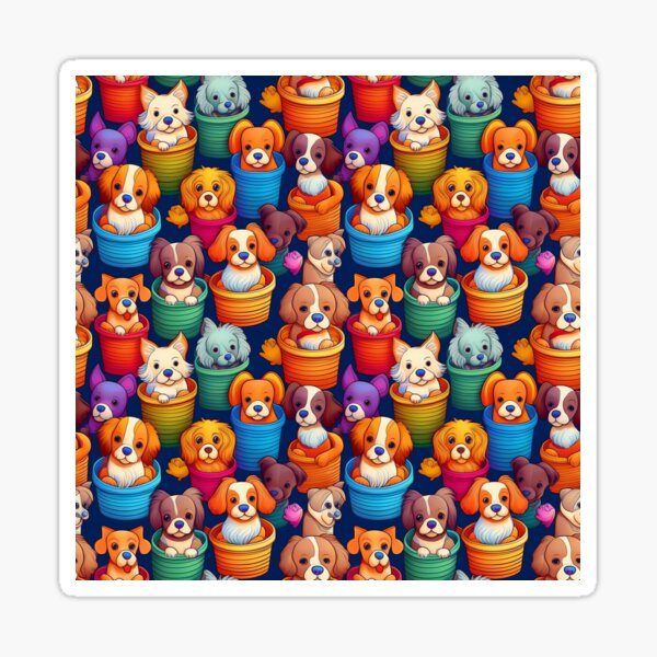 Puppy Power: A playful pattern featuring cartoon puppies of all shapes and sizes, snuggled together in colorful baskets. Sticker