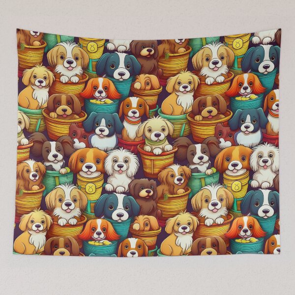 Item preview, Puppy Paradise: A playful pattern featuring cartoon puppies of all shapes and sizes, snuggled together in colorful baskets. designed and sold by Grang Art Artistic Designs.