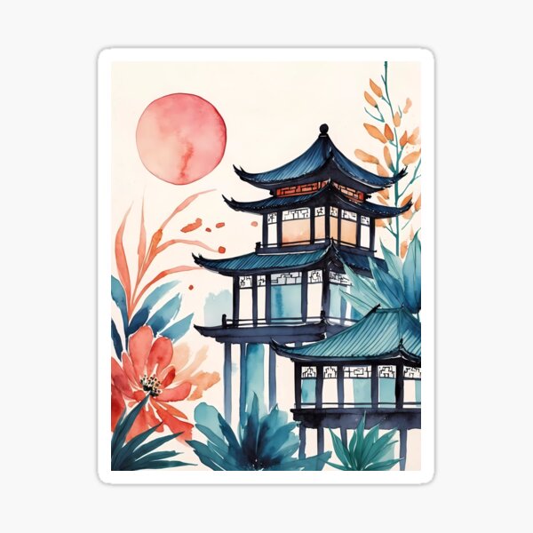 Item preview, Oriental Pagoda with Floral Accents in Watercolor designed and sold by Vitalka-uk.