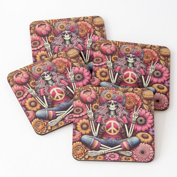 Item preview, Groovy Hippie Skeleton with Peace Sign Surrounded by Flowers designed and sold by ANIARTONLINE.