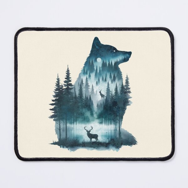 Item preview, Wolf Silhouette In Beautiful Nature, a wolf with a forest and a deer in the background. nature, wolf, mountains, outdoors, adventure, camping designed and sold by Collagedream.