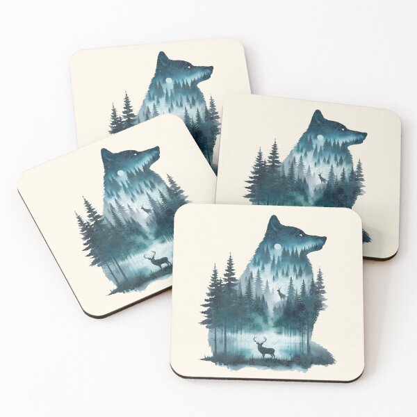 Item preview, Wolf Silhouette In Beautiful Nature, a wolf with a forest and a deer in the background. nature, wolf, mountains, outdoors, adventure, camping designed and sold by Collagedream.