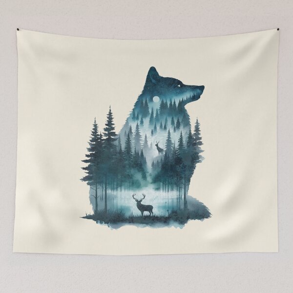 Item preview, Wolf Silhouette In Beautiful Nature, a wolf with a forest and a deer in the background. nature, wolf, mountains, outdoors, adventure, camping designed and sold by Collagedream.
