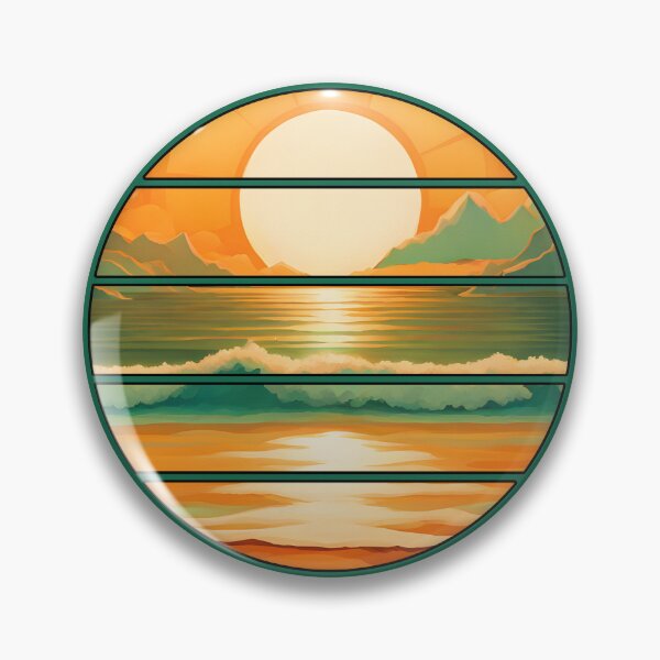 Item preview, Retro Sun Beach Ocean Mountains Sky AI Art - Orange with black edge designed and sold by Beachy.