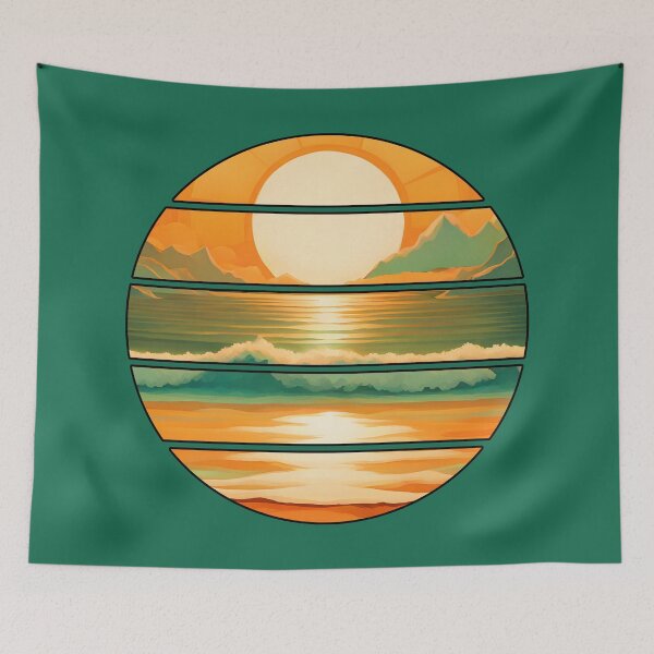 Item preview, Retro Sun Beach Ocean Mountains Sky AI Art - Orange with black edge designed and sold by Beachy.