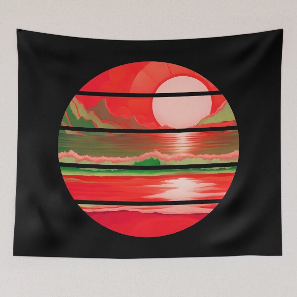 Item preview, Retro Sun Beach Ocean Mountains Sky AI Art - Watermelon Red designed and sold by Beachy.