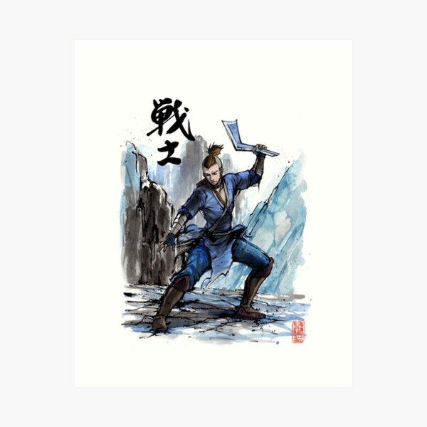 Aperçu de l'œuvre Sokka d'Avatar Sumi et aquarelle avec calligraphie créée et vendue par Mycks.