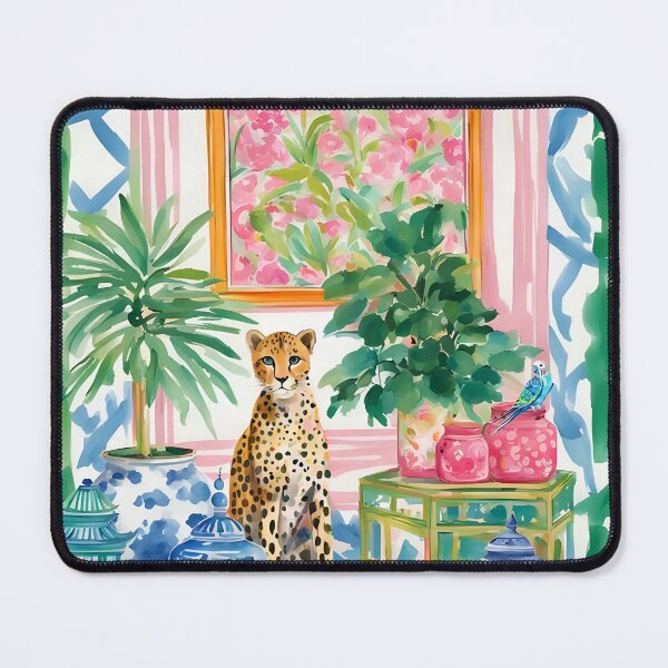 Item preview, Cheetah and budgie in preppy chinoiserie interior watercolor designed and sold by SophieClimaArt.