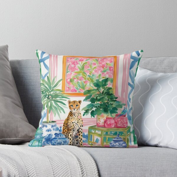 Item preview, Cheetah and budgie in preppy chinoiserie interior watercolor designed and sold by SophieClimaArt.