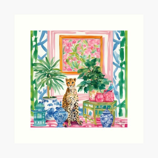 Item preview, Cheetah and budgie in preppy chinoiserie interior watercolor designed and sold by SophieClimaArt.