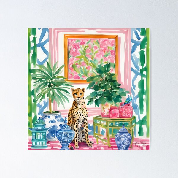 Item preview, Cheetah and budgie in preppy chinoiserie interior watercolor designed and sold by SophieClimaArt.