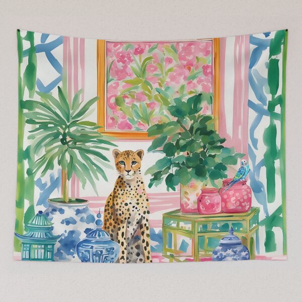 Item preview, Cheetah and budgie in preppy chinoiserie interior watercolor designed and sold by SophieClimaArt.