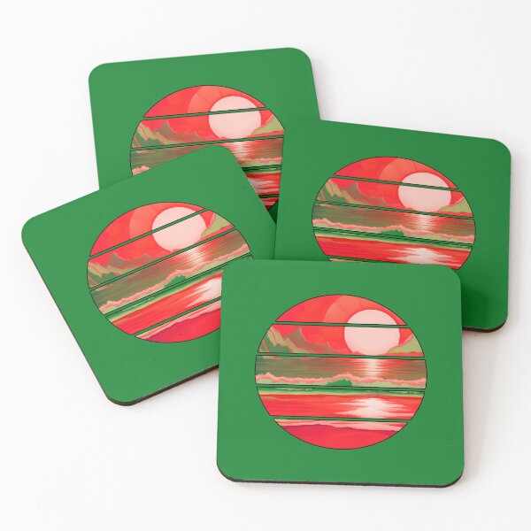 Item preview, Retro Sun Beach Ocean Mountains Sky AI Art - Watermelon Red with black edge designed and sold by Beachy.