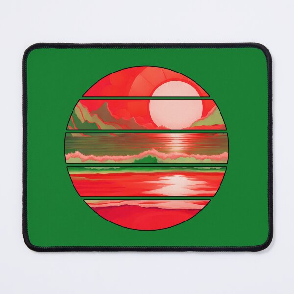 Item preview, Retro Sun Beach Ocean Mountains Sky AI Art - Watermelon Red with black edge designed and sold by Beachy.
