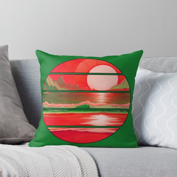 Item preview, Retro Sun Beach Ocean Mountains Sky AI Art - Watermelon Red with black edge designed and sold by Beachy.