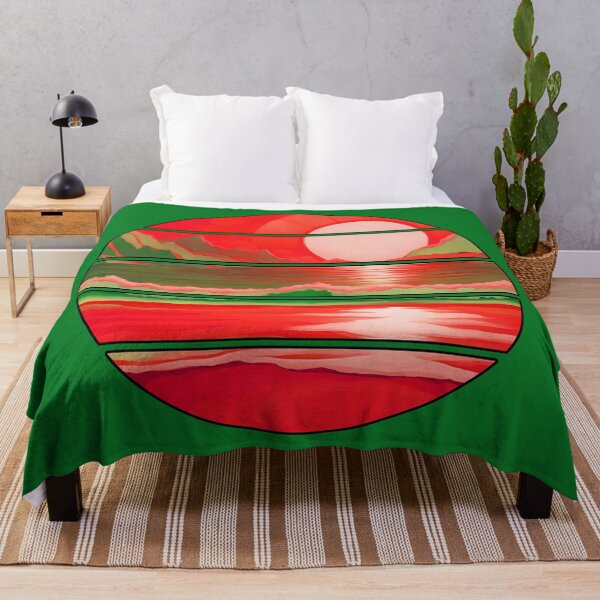 Item preview, Retro Sun Beach Ocean Mountains Sky AI Art - Watermelon Red with black edge designed and sold by Beachy.