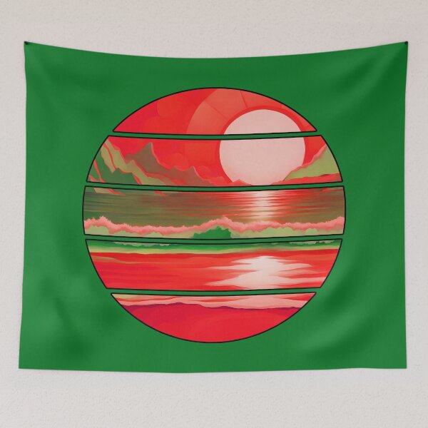 Item preview, Retro Sun Beach Ocean Mountains Sky AI Art - Watermelon Red with black edge designed and sold by Beachy.
