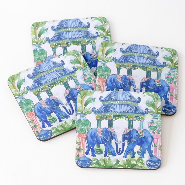 Item preview, Grandmillennial elephants in pagoda garden designed and sold by SophieClimaArt.