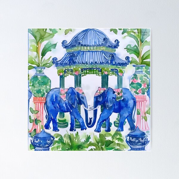 Item preview, Grandmillennial elephants in pagoda garden designed and sold by SophieClimaArt.