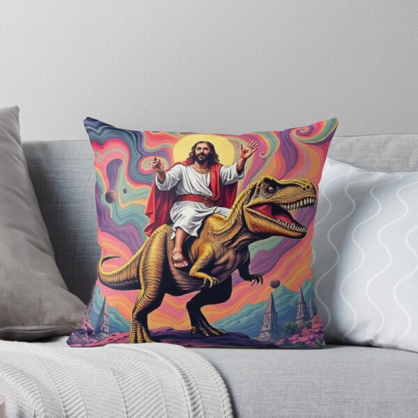Item preview, Jesus Riding a T-Rex Pillow designed and sold by NorgTs.