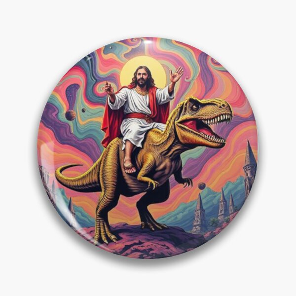 Item preview, Jesus Riding a T-Rex Pin Button designed and sold by NorgTs.