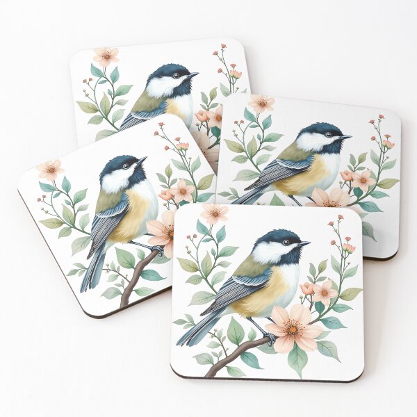 Item preview, Carolina Chickadee on Floral Branch - Nature Art Print designed and sold by BirdsnStuff.