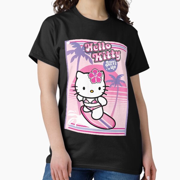 Vista previa del artículo con la obra «Ilustración de Hello Kitty surfeando en color rosa», diseñado y vendido por iloveyourcupid.
