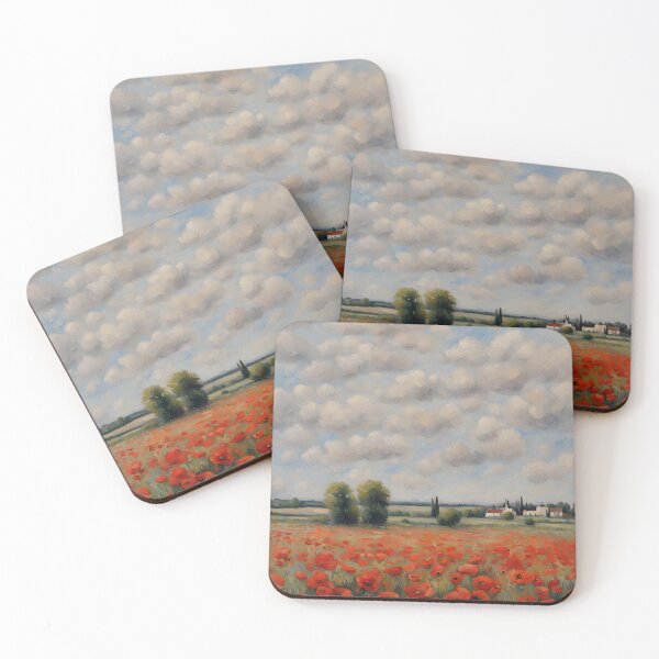 Item preview, Idyllic Red Poppy Meadow Under Cloudy Blue Skies designed and sold by RetroPop23.