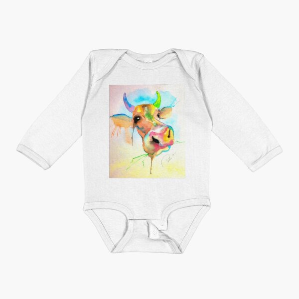 Moo Cow Happy Bull Watercolour Cute Bright Kids’ Toddle Poddle Illustration  Long Sleeve Baby One-Piece