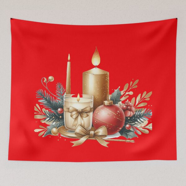 Item preview, Elegant Christmas Table Setting with Golden Candle and Red Ornaments - 3D Illustration, designed and sold by PaintMeWorld.