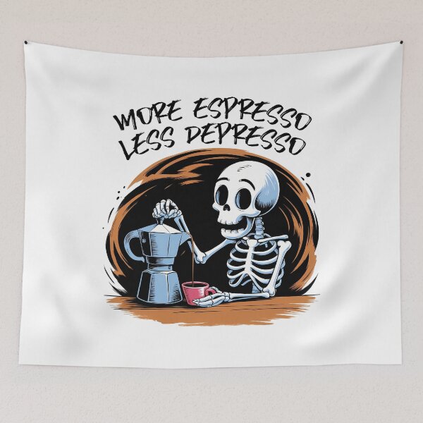 Item preview, Whimsical Skeleton Coffee Break - More Espresso Less Depresso designed and sold by Belhbib Art ⭐⭐⭐⭐⭐.