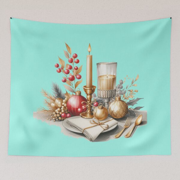 Item preview, Elegant Christmas Table Setting with Golden Candle and Red Ornaments - 3D Illustration,   designed and sold by PaintMeWorld.
