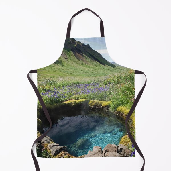 Artikelvorschau, Natürliche geothermische heiße Quelle, umgeben von Wildblumen und Bergen in Island an einem schönen Sommertag. entworfen und verkauft von Jerhus.