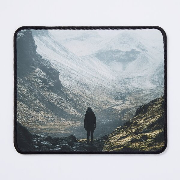 Item preview, A lone hiker exploring a rugged mountain valley shrouded in mist on a quiet winter morning. designed and sold by Jerhus.