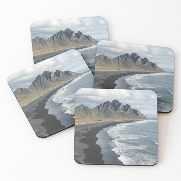 Item preview, Coastal view of Stokksnes mountain with black sand beach and waves on a clear day in Iceland. designed and sold by Jerhus.