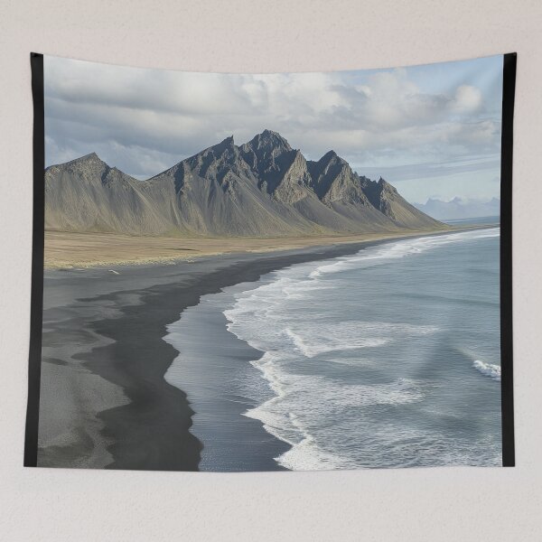 Item preview, Coastal view of Stokksnes mountain with black sand beach and waves on a clear day in Iceland. designed and sold by Jerhus.