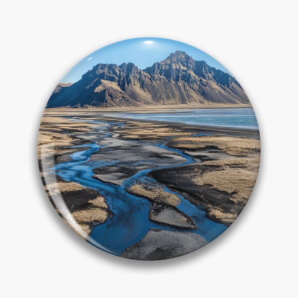 Item preview, A serene river meanders through the golden landscape under a clear blue sky near a majestic mountain in Iceland during the day. designed and sold by Jerhus.