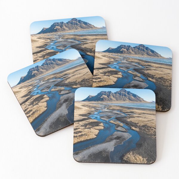 Item preview, A serene river meanders through the golden landscape under a clear blue sky near a majestic mountain in Iceland during the day. designed and sold by Jerhus.
