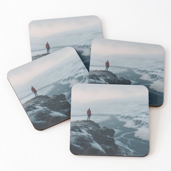 Item preview, A person stands on a snowy cliff overlooking a winding river in a remote and rugged landscape on a morning in Iceland. designed and sold by Jerhus.