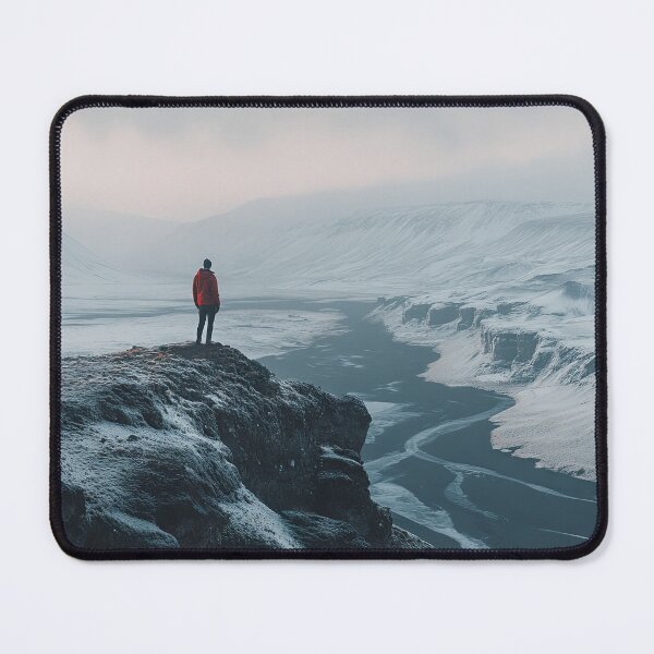 Item preview, A person stands on a snowy cliff overlooking a winding river in a remote and rugged landscape on a morning in Iceland. designed and sold by Jerhus.