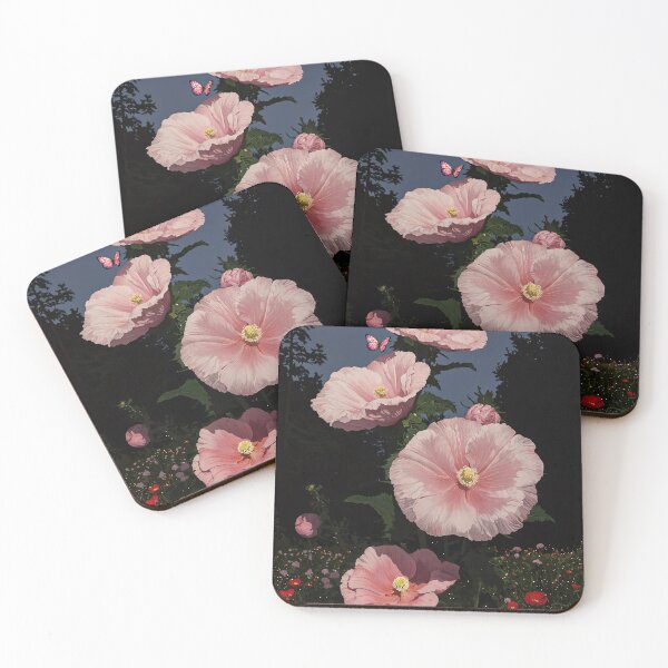 Item preview, Whimsical Dark Fantasy Painting: Enchanted Garden with Pink Blooms and Butterflies designed and sold by regnumsaturni.