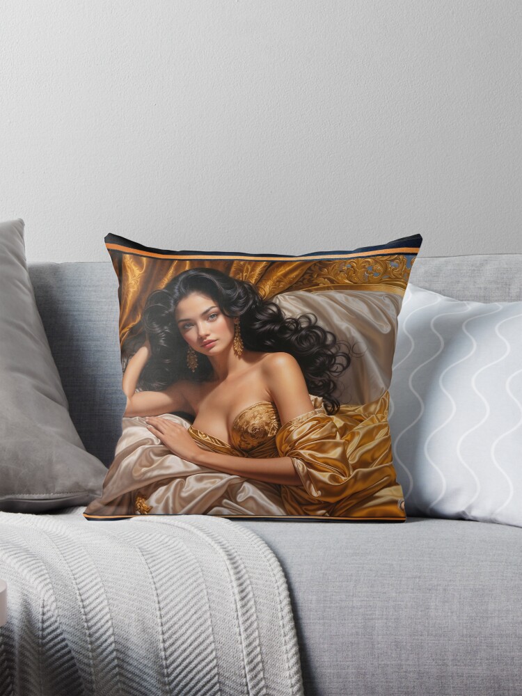 A Captivating Raven-Haired Beauty Reclining In Satin And Golden Luxury AI Concept Art by Xzendor7 4 A Mesmerizing Raven-Haired Beauty Reclining In Satin And Golden Luxury AI Concept Art by Xzendor7 Decorative Art Print Throw Pillow