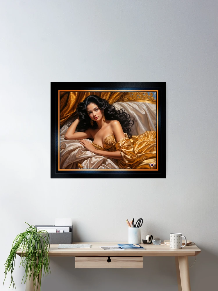 A Captivating Raven-Haired Beauty Reclining In Satin And Golden Luxury AI Concept Art by Xzendor7 2 A Mesmerizing Raven-Haired Beauty Reclining In Satin And Golden Luxury AI Concept Art by Xzendor7 Wall Decor Poster Art Print