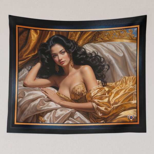 Item preview, A Mesmerizing Raven-Haired Beauty Reclining In Satin And Golden Luxury AI Concept Art by Xzendor7 designed and sold by Xzendor7 Digital Art Creations.