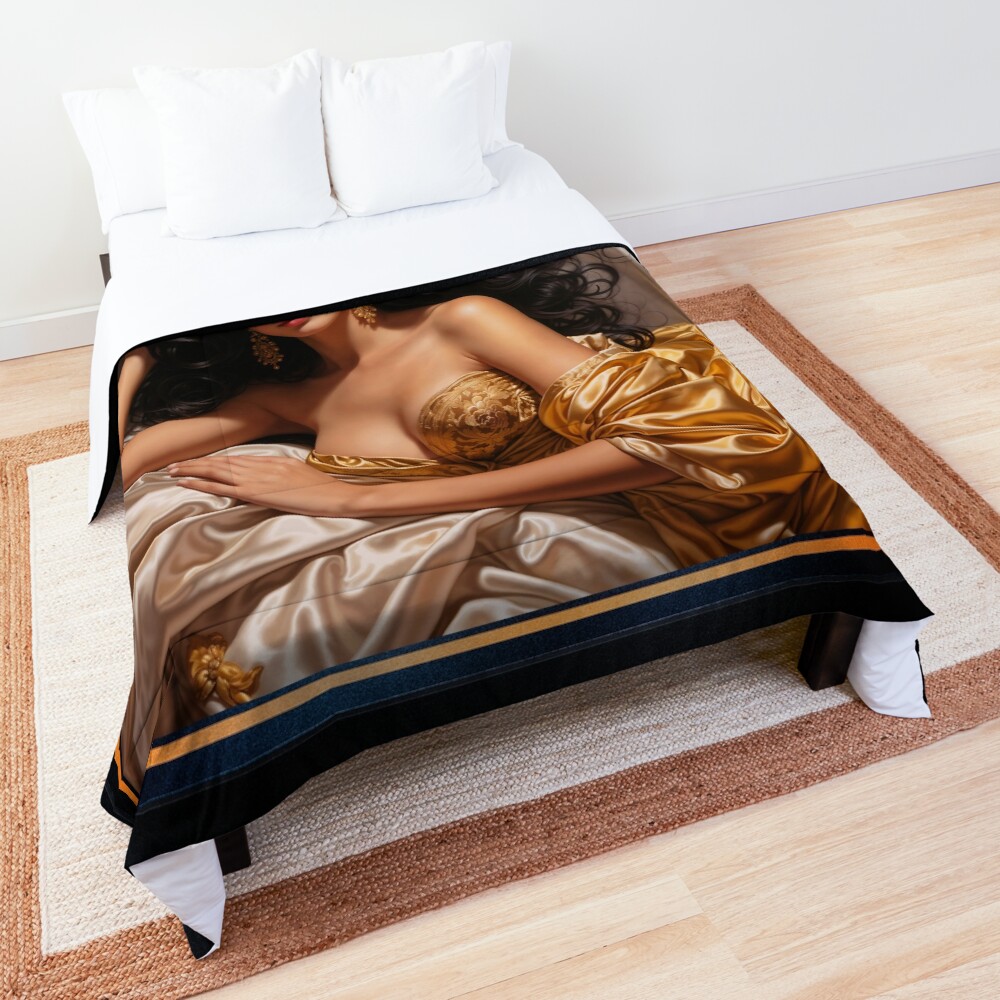 A Captivating Raven-Haired Beauty Reclining In Satin And Golden Luxury AI Concept Art by Xzendor7 3 A Mesmerizing Raven-Haired Beauty Reclining In Satin And Golden Luxury AI Concept Art by Xzendor7 Decorative Art Print Comforter
