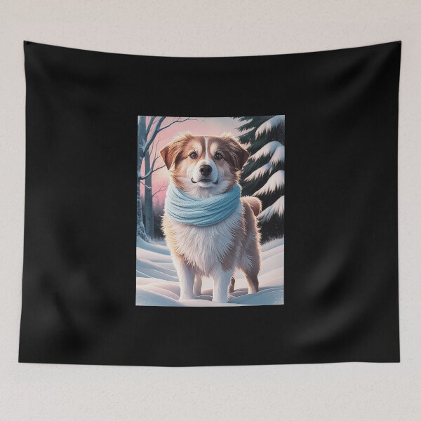 Item preview, Winter Dog Illustration - Cozy Dog in Snowy Landscape with Scarf designed and sold by love3617.