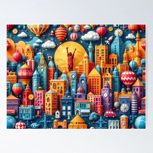 Item preview, 3D Pattern of Colorful City Skylines and Travel Icons, Perfect for Urban Travel and City Adventure-Themed Designs designed and sold by AlwaysHome.