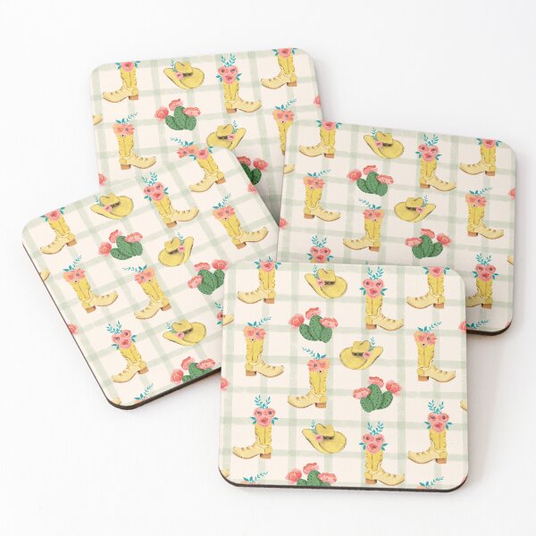 Item preview, Cowgirl boots and cowgirl hats and dessert blooming cacti on a soft green plaid and beige background designed and sold by JasmineGDesigns.